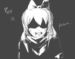 Rule 34 | 1girl, blake belladonna, bow, crying, greyscale, hair bow, long hair, monochrome, monty oum (creator), rest in peace (phrase), rwby, solo, tikanor, upper body