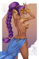 Rule 34 | 1girl, armlet, armpits, arms up, ass, blue eyes, blush, border, bracer, braid, braided ponytail, breasts, brown background, closed mouth, dark-skinned female, dark skin, dimples of venus, earrings, feet out of frame, gradient background, headpiece, heart, highres, jewelry, long hair, looking at viewer, looking back, medium breasts, momendoufu, outside border, pearl thong, pointy ears, purple hair, revealing clothes, sarong, see-through, shantae, shantae (series), sideboob, single braid, smile, solo, standing, thighlet, very long hair, white border