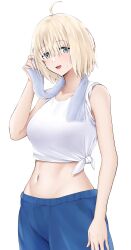 Rule 34 | 1girl, :d, ahoge, azur lane, bare arms, bare shoulders, bataan (azur lane), blonde hair, blue eyes, blue pants, breasts, hand up, highres, jakqbigone, large breasts, looking at viewer, midriff, navel, open mouth, pants, shirt, short hair, simple background, sleeveless, sleeveless shirt, smile, solo, stomach, towel, towel around neck, upper body, white background, white shirt