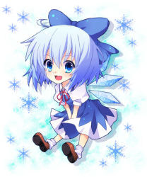 Rule 34 | 1girl, blue eyes, blue hair, bow, chibi, cirno, dress, female focus, full body, gradient background, hair bow, matching hair/eyes, open mouth, ribbon, runako, short hair, smile, solo, touhou, white background, wings