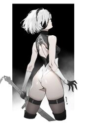 Rule 34 | 1girl, 2b (nier:automata), ass, black blindfold, black thighhighs, blindfold, boots, breasts, closed mouth, cropped legs, elbow gloves, from behind, gloves, gradient background, highleg, highleg leotard, highres, holding, holding sword, holding weapon, leotard, nier:automata, nier (series), profile, shiny skin, short hair, siino, simple background, small breasts, solo, sword, thigh boots, thighhighs, thighhighs under boots, twitter username, two-tone gloves, two-tone leotard, weapon, white hair, wide hips