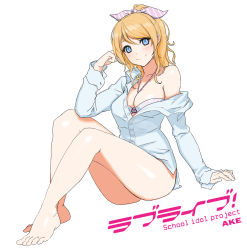 Rule 34 | 10s, 1girl, absurdres, ayase eli, bad id, bad pixiv id, bare legs, barefoot, bikini, bikini under clothes, blonde hair, blue eyes, bottomless, breasts, cherrylich, cleavage, copyright name, daeho cha, dress shirt, highres, large breasts, legs, love live!, love live! school idol festival, love live! school idol project, o-ring, o-ring top, off shoulder, shirt, smile, solo, swimsuit, swimsuit under clothes