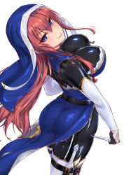 Rule 34 | 1girl, ass, belt, black bodysuit, blue dress, blue eyes, blush, bodysuit, bodysuit under clothes, breasts, commentary request, cross, cross necklace, dagger, dress, elbow gloves, garter straps, gloves, habit, highres, holding, impossible clothes, impossible dress, jewelry, knife, knife belt, large breasts, latex, latex bodysuit, latex gloves, lips, long hair, looking at viewer, looking back, necklace, original, parted lips, red hair, reverse grip, shiny clothes, shiny skin, simple background, skin tight, smile, solo, thighhighs, toriatto gununu, veil, weapon, white background, white gloves, white thighhighs