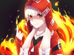 Rule 34 | 1girl, alternate costume, blondy (ldlong), bow, closed mouth, collarbone, fire, fujiwara no mokou, hair bow, hair over shoulder, hand up, highres, hood, hood up, hoodie, index finger raised, jewelry, long hair, long sleeves, looking at viewer, ofuda, ofuda on clothes, pale skin, pendant, red eyes, shirt, sleeves past wrists, smile, smirk, solo, touhou, upper body, white hair