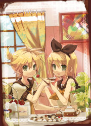 Rule 34 | 1boy, 1girl, bare shoulders, bass clef, blonde hair, brother and sister, cake, checkerboard cookie, cookie, cup, curtains, feeding, food, fork, fruit, green eyes, green upholstery, hair ornament, hair ribbon, hairclip, hekicha, highres, indoors, kagamine len, kagamine rin, necktie, open mouth, ponytail, ribbon, sailor collar, short hair, siblings, smile, strawberry, strawberry shortcake, tea, tea set, teacup, teapot, tiered serving stand, tiered tray, treble clef, twins, vocaloid, window