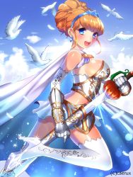 Rule 34 | 1girl, armor, bare shoulders, bird, blue eyes, blush, breasts, cape, cinderella, cinderella (grimm), cloud, day, dove, earrings, elbow gloves, feathers, gauntlets, gloves, high heels, jewelry, large breasts, mataro (matarou), midriff, open mouth, orange hair, original, rapier, sheath, shoes, sideboob, skirt, sky, smile, solo, sword, thighhighs, weapon, white thighhighs