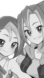 Rule 34 | 2girls, :&gt;, :d, collarbone, commentary request, commission, greyscale, highres, hood, hood down, hoodie, looking at viewer, mizuki kotori (yu-gi-oh!), monochrome, multiple girls, neck ribbon, open mouth, ribbon, sachi (yu-gi-oh!), selfie, shirt, simple background, skeb commission, sleeveless, sleeveless shirt, smile, ukokkei, upper body, white background, wing collar, yu-gi-oh!, yu-gi-oh! zexal