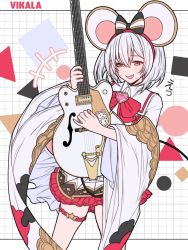 Rule 34 | 1girl, animal ears, blush, bow, breasts, brooch, character name, fake animal ears, granblue fantasy, grid background, guitar, hair ornament, hairclip, heart, heart brooch, highres, instrument, jewelry, ll 0109, long sleeves, mouse ears, navel, open mouth, red eyes, red neckwear, red skirt, shirt, short hair, skirt, small breasts, smile, solo, vikala (granblue fantasy), white hair, white shirt, white skirt, wide sleeves