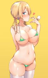 Rule 34 | 1girl, bare shoulders, bikini, blonde hair, blue eyes, blush, breasts, cleavage, collarbone, covered erect nipples, cowboy shot, food, green bikini, groin, hair between eyes, heart, hechi (hechi322), highres, holding, holding food, kantai collection, large breasts, licking, licking finger, long hair, looking at viewer, low twintails, micro bikini, navel, popsicle, prinz eugen (kancolle), sidelocks, simple background, skindentation, solo, stomach, swimsuit, thighhighs, twintails, underboob, white thighhighs, yellow background
