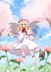 Rule 34 | 1girl, absurdres, bad id, bad pixiv id, blonde hair, blue eyes, boots, bug, butterfly, cherry blossoms, fairy, female focus, flower, hat, highres, bug, lily white, long hair, open mouth, petals, smile, solo, tamo no ko, touhou, tree, wings