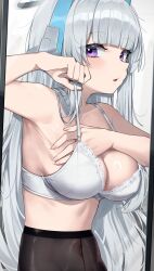Rule 34 | 1girl, absurdres, adjusting bra, adjusting clothes, arm up, armpits, black pantyhose, blue archive, blush, bra, breasts, grey hair, halo, headgear, highres, lace, lace-trimmed bra, lace trim, long hair, medium breasts, mirror, navel, noa (blue archive), pantyhose, purple eyes, reflection, sideways glance, solo, stomach, underwear, upper body, wakamepiza, white bra