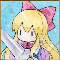 Rule 34 | 1girl, 2zuz4hru, blonde hair, blue eyes, blush stickers, bow, bowtie, commentary request, hair bow, holding, holding polearm, holding weapon, lance, long hair, long sleeves, no mouth, painting (medium), polearm, red bow, red bowtie, shanghai doll, solo, touhou, traditional media, very long hair, watercolor (medium), weapon, | |