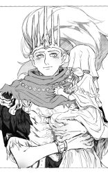 Rule 34 | 2boys, absurdres, aged down, armor, blush, bracelet, breastplate, brothers, carrying, carrying person, closed mouth, covered eyes, crown, dark souls (series), dark souls i, dark souls iii, dark sun gwyndolin, dress, highres, jewelry, long hair, looking at viewer, multiple boys, nameless king, scarf, short sleeves, siblings, torn clothes, torn scarf, upper body, veil, wavy mouth, zunkome