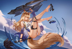 Rule 34 | 1girl, absurdres, animal ear fluff, animal ears, arknights, bare legs, barefoot, blonde hair, blue sky, breasts, cloud, commentary request, competition swimsuit, day, god hunter, head tilt, highres, holding, holding shield, holding weapon, holster, horse girl, knee pads, legs up, long hair, long sleeves, medium breasts, nearl (arknights), nearl (shimmering dew) (arknights), official alternate costume, one-piece swimsuit, outdoors, shield, sky, solo, swimsuit, swimsuit cover-up, tail, thigh holster, thigh strap, thighs, weapon, white one-piece swimsuit, yellow eyes