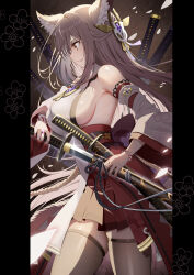 Rule 34 | 1girl, animal ear fluff, animal ears, back bow, bare shoulders, black sash, bow, bracelet, breasts, brown eyes, brown hair, cat ears, commission, cowboy shot, detached sleeves, falling petals, floral print, from side, hair ornament, hakama, hakama skirt, highres, japanese clothes, jewelry, katana, large breasts, long hair, miko, multiple swords, obi, obijime, original, petals, piyopoyo, pleated skirt, red nails, red skirt, ring, sash, scabbard, sheath, sideboob, skeb commission, skirt, solo, sword, thighhighs, unsheathing, weapon, wide sleeves