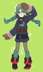 Rule 34 | 1girl, blue pupils, blush stickers, braid, brown bag, brown mittens, creatures (company), diamond clan outfit, diving mask around neck, eyebrow cut, fur hat, game freak, green hat, green pantyhose, hat, highres, low twin braids, low twintails, mittens, nintendo, pantyhose, papakha, pokemon, pokemon legends: arceus, sabi (pokemon), solo, twin braids, twintails, yachimata 1205