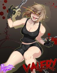 Rule 34 | 1girl, agawa ryou, artist name, blood, borrowed character, breasts, brown hair, chain, character name, cleavage, commentary, crazy eyes, gloves, glowing, glowing eyes, large breasts, open mouth, orange eyes, original, outline, short hair, silhouette, smile, solo
