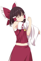 Rule 34 | 1girl, ascot, bare shoulders, black hair, bow, brown eyes, clenched hand, commentary request, cowboy shot, crop top, cross-body stretch, detached sleeves, frilled bow, frills, hair between eyes, hair bow, hair tubes, hakurei reimu, hand up, highres, leon (mikiri hassha), long sleeves, looking at viewer, midriff, midriff peek, navel, one eye closed, red bow, red skirt, ribbon-trimmed sleeves, ribbon trim, sarashi, short hair, sidelocks, simple background, skirt, skirt set, solo, standing, touhou, white background, wide sleeves, yellow ascot