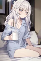 Rule 34 | 1girl, absurdres, doodle sensei (blue archive), bare legs, bed sheet, black bra, blue archive, blunt bangs, blush, bra, breasts, collarbone, commentary, cup, earclip, grey hair, grey shirt, grey shorts, halo, highres, himari (blue archive), holding, holding cup, indoors, light smile, long hair, looking at viewer, mole, mole under eye, on bed, pillow, pointy ears, pov, reflection, sensei (blue archive), shirt, shorts, single bare shoulder, sitting, small breasts, solo, underwear, very long hair, wakamepiza, yokozuwari