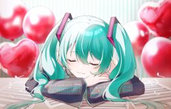 Rule 34 | 1girl, aqua hair, aqua nails, balloon, bare shoulders, beamed eighth notes, black sleeves, blurry, blurry background, closed eyes, closed mouth, commentary, detached sleeves, dot nose, eighth note, elbow rest, facing viewer, fingernails, hair between eyes, happy, hatsune miku, head rest, headset, heart balloon, highres, light blush, light particles, light smile, long hair, musical note, quarter note, sheet music, sidelighting, sidelocks, solo, straight hair, symbol-only commentary, teneko02, twintails, upper body, very long hair, vocaloid, wall, wallpaper (object), wide sleeves