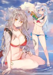 Rule 34 | 10s, 2girls, arm support, bikini, blue eyes, blue hair, breasts, cleavage, closed mouth, cloud, cloudy sky, day, finger on trigger, gangut (kancolle), gluteal fold, grey hair, hair between eyes, hair ornament, hairclip, hat, hibiki (kancolle), highres, hoshimiya nazuna, jacket, jacket on shoulders, kantai collection, large breasts, long hair, looking at viewer, lowleg, lowleg bikini, multiple girls, navel, open mouth, outdoors, partially submerged, red bikini, sailor bikini, sailor collar, sandals, side-tie bikini bottom, sitting, sky, small breasts, standing, swimsuit, verniy (kancolle), wading, water gun, yellow eyes
