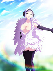 Rule 34 | 1girl, angel (fairy tail), breasts, breasts apart, cleavage, cloud, cloudy sky, day, fairy tail, feathers, gloves, hair ribbon, hairband, large breasts, no bra, ribbon, short hair, sky, solo, thighhighs, white hair