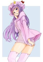 Rule 34 | 1girl, blunt bangs, blush, commentary, crescent, dress, dress tug, embarrassed, flying sweatdrops, from side, frown, hand on own face, hat, highres, jacket, leaning forward, long sleeves, looking at viewer, looking back, microdress, mob cap, open mouth, outside border, patchouli knowledge, purple dress, purple eyes, purple hair, purple hat, purple jacket, purple thighhighs, ribbon-trimmed legwear, ribbon trim, skindentation, solo, standing, striped clothes, striped dress, thighhighs, thighs, touhou, vertical-striped clothes, vertical-striped dress, yamabukiiro (browncat)