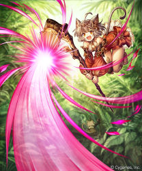 Rule 34 | 2girls, :d, ahoge, animal ears, attack, bare shoulders, barefoot, bell, blush, breasts, brown legwear, cat ears, cat girl, cat tail, check commentary, cleavage, collar, collarbone, commentary request, company name, copyright name, cygames, day, detached sleeves, dress, facing away, fang, forest, full body, gold trim, green dress, grey hair, hair ornament, hairband, halterneck, holding, jingle bell, jumping, knees together feet apart, leaf, long sleeves, looking at viewer, madogawa, magic, medium hair, multiple girls, nature, neck bell, official art, open mouth, outdoors, photoshop (medium), puffy sleeves, red dress, shadowverse, shama (shadowverse), shamu (shadowverse), single thighhigh, small breasts, smile, squatting, staff, sunlight, tail, thighhighs, two-handed, yellow eyes