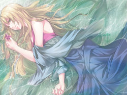 Rule 34 | 1girl, blonde hair, female focus, long hair, lying, partially submerged, river, robe, solo, star (symbol), tagme, water, wet