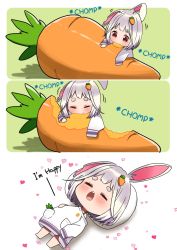Rule 34 | 1girl, 3koma, blush, carrot, carrot hair ornament, chibi, closed eyes, comic, ear down, eating, english text, female focus, food-themed hair ornament, green background, hair ornament, heart, highres, medium hair, motto notto, notched ear, open mouth, original, oversized clothes, oversized food, oversized object, rabbit ears, rabbit girl, red eyes, sequential, silver hair, sleeves past wrists, solo, white background