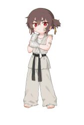 1girl absurdres bandaged_hand bandages bandaid bandaid_on_arm bandaid_on_face barefoot belt black_belt brown_hair chinese_commentary closed_mouth commentary_request dot_nose dougi full_body highres kuma-bound martial_arts_belt original pants red_eyes short_ponytail side_ponytail simple_background slit_pupils solo standing thick_eyebrows toes v-shaped_eyebrows white_background white_pants