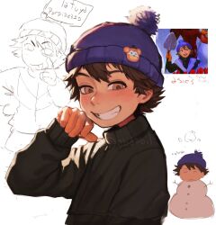 Rule 34 | 1boy, akanbe, bandaid, bandaid on face, beanie, brown hair, brown jacket, child, commentary, commentary request, dabi bill, eyelid pull, five nights at freddy&#039;s, five nights at freddy&#039;s: security breach, gregory (fnaf), hat, highres, jacket, looking at viewer, male focus, shirt, short hair, simple background, smile, solo focus, spanish commentary, spanish text, teeth, tongue, tongue out, white background, yellow eyes