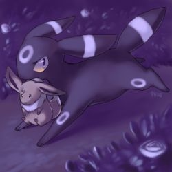 Rule 34 | 2008, brown eyes, closed mouth, commentary, creature, eevee, facial mark, flower, full body, gen 1 pokemon, gen 2 pokemon, glitchedpuppet, grass, lowres, mouth hold, no humans, orange eyes, outdoors, pokemon, pokemon (creature), rose, signature, umbreon, walking