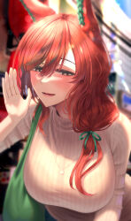 Rule 34 | 1girl, absurdres, aderi1020, alternate costume, alternate hairstyle, animal ears, bag, blurry, blurry background, blush, breasts, brown eyes, commentary request, ear covers, green bag, hair between eyes, highres, horse ears, horse girl, large breasts, long hair, long sleeves, looking at viewer, nice nature (umamusume), open mouth, shoulder bag, smile, solo, sweater, umamusume, upper body, white sweater
