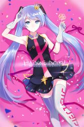 Rule 34 | 1girl, apring, arm up, bad id, bad pixiv id, blue eyes, blue hair, character name, crown, flower, gloves, hatsune miku, kimagure mercy (vocaloid), long hair, looking at viewer, matching hair/eyes, mini crown, pink background, skirt, solo, thighhighs, twintails, very long hair, vocaloid, white gloves