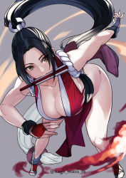 Rule 34 | 1girl, absurdres, artist name, bare shoulders, black hair, breasts, brown eyes, cleavage, collarbone, fatal fury, fire, folded fan, folding fan, grey background, hair ornament, hand fan, highres, holding, japanese clothes, kagematsuri, large breasts, long hair, mouth hold, ninja, pelvic curtain, ponytail, revealing clothes, revision, rope, shiranui mai, simple background, sleeveless, the king of fighters, thighs, watermark