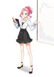 Rule 34 | 1girl, anklet, bar graph, bare legs, black footwear, black skirt, black undershirt, blue eyes, bow, bracelet, breasts, business casual, clipboard, closers, collared shirt, dress shirt, frilled sleeves, frills, full body, graph (object), hair ribbon, hands up, high heels, highres, holding, holding clipboard, id card, jewelry, lanyard, long sleeves, lower teeth only, medium hair, miniskirt, office lady, official art, open hand, open mouth, partially unbuttoned, pendant, pink hair, ponytail, projector screen, red ribbon, ribbon, seulbi lee, shadow, shirt, shirt tucked in, shirt under shirt, skirt, sleeve bow, small breasts, solo, standing, teeth, v-shaped eyebrows, white background, white bow, white shirt
