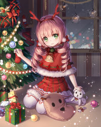 Rule 34 | 1girl, artist name, blush, christmas lights, christmas ornaments, christmas tree, drill hair, gift, green eyes, hairband, indoors, long hair, looking at viewer, merry christmas, night, original, parted lips, pink hair, red skirt, roang, skirt, smile, solo, teeth, thighhighs, twin drills, white thighhighs, window