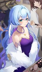 1girl absurdres alternate_costume applying_makeup aqua_eyes bare_shoulders blue_hair breasts cleavage closed_mouth collarbone commentary_request detached_sleeves dress facial_mark hair_between_eyes halo head_wings highres holding_another&#039;s_hair honkai:_star_rail honkai_(series) jewelry light_blue_hair light_blush long_hair looking_at_viewer medium_breasts necklace out_of_frame pendant purple_dress robin_(honkai:_star_rail) sitting smile solo strapless strapless_dress very_long_hair white_sleeves white_wings wings youwon0417