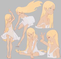 Rule 34 | 1girl, absurdres, barefoot, blonde hair, breasts, collarbone, commentary, cropped torso, dress, eccomicco, english commentary, feet, flat color, from behind, full body, highres, kizumonogatari, knee up, long hair, looking at viewer, looking back, looking to the side, monogatari (series), multiple views, oshino shinobu, sitting, sketch, small breasts, soles, solo, sundress, thighs, toes, white dress, yellow eyes