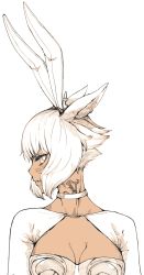 Rule 34 | 1girl, absurdres, animal ears, blush, breasts, cat ears, choker, cleavage, cleavage cutout, clothing cutout, dark-skinned female, dark skin, facial mark, fake animal ears, final fantasy, final fantasy xiv, highres, hjz (artemi), looking to the side, medium breasts, miqo&#039;te, parted lips, rabbit ears, short hair, solo, tattoo, unfinished, upper body, white background, white hair, y&#039;shtola rhul