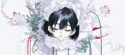 1girl aged_down alien_stage black_hair bonnet closed_eyes collar commentary dress frilled_bonnet frilled_collar frills highres leaf parted_lips pkiiiiii plant portrait short_hair solo sua_(alien_stage) symbol-only_commentary white_background white_dress