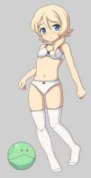 Rule 34 | 1girl, blonde hair, blue eyes, blush, blush stickers, bow, bow bra, bow panties, bra, emily armond, flat chest, grey background, gundam, gundam age, hair between eyes, hair over shoulder, haro, inaho, light smile, lingerie, long hair, looking at viewer, navel, nose blush, panties, ponytail, simple background, smile, standing, thighhighs, tiptoes, underwear, underwear only