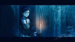 Rule 34 | 1boy, black gloves, blue hair, candle, candlestand, commentary request, cross, cross earrings, cross necklace, dark blue hair, earrings, ensemble stars!, fushimi yuzuru, gloves, highres, jewelry, leaf, letterboxed, long sleeves, looking at viewer, male focus, mole, mole under eye, necklace, open mouth, partial commentary, purple eyes, short bangs, short hair, solo, user vzxu4543