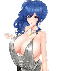 Rule 34 | 1girl, azur lane, backless dress, backless outfit, bag, bare shoulders, blue hair, blue nails, breasts, cleavage, dress, evening gown, hair between eyes, hair ornament, hairclip, halter dress, halterneck, handbag, highres, jewelry, large breasts, long hair, looking at viewer, nail polish, necklace, no bra, no panties, official alternate costume, pink eyes, plunging neckline, revealing clothes, side ponytail, sidelocks, silver dress, simple background, sleeveless, sleeveless dress, solo, st. louis (azur lane), st. louis (luxurious wheels) (azur lane), upper body, vik (xypt7474), white background