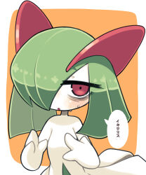 Rule 34 | bags under eyes, colored skin, creatures (company), game freak, gen 3 pokemon, green hair, hair over one eye, highres, horns, ino (tellu0120), kirlia, looking at viewer, multicolored skin, nintendo, orange background, parted lips, pink eyes, pokemon, pokemon (creature), sidelocks, simple background, speech bubble, sweat, translation request, two-tone skin, white skin