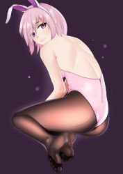 Rule 34 | 1girl, alternate costume, animal ears, ass, bare arms, bare back, bare shoulders, breasts, eyes visible through hair, fake animal ears, fate/grand order, fate (series), feet, from behind, full body, hair between eyes, highleg, highleg leotard, highres, leotard, lips, looking at viewer, looking back, mash kyrielight, no shoes, pantyhose, pink hair, pink leotard, pink lips, playboy bunny, purple background, purple eyes, rabbit ears, shady (373162955), short hair, shoulder blades, simple background, sitting, soles, solo, thong, thong leotard, toes, twisted neck