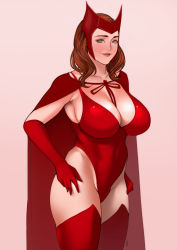 Rule 34 | 1girl, absurdres, animification, avengers (series), blue eyes, breasts, brown hair, cape, cowboy shot, elbow gloves, gloves, hands on own hips, highleg, highleg leotard, highres, jnsdh, large breasts, leotard, light smile, lips, marvel, marvel cinematic universe, mature female, medium hair, pink background, red gloves, red leotard, red thighhighs, scarlet witch, smile, solo, thighhighs, wandavision