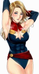 Rule 34 | 1girl, armpits, arms up, blonde hair, blue eyes, blush, breasts, captain marvel, highres, long hair, marvel, solo, sweat, xter