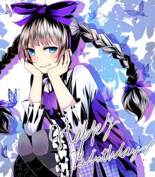 Rule 34 | 1girl, blue bow, blue eyes, blue ribbon, bow, braid, bug, butterfly, divine gate, dress, floating hair, hair bow, hair ribbon, hairband, happy birthday, head rest, highres, insect, layered dress, long hair, long sleeves, looking at viewer, mady (madine08260), pinafore dress, purple dress, purple hairband, ribbon, shirt, short dress, silver hair, sleeveless, sleeveless dress, smile, solo, squatting, tripping, twin braids, twintails, very long hair, white shirt